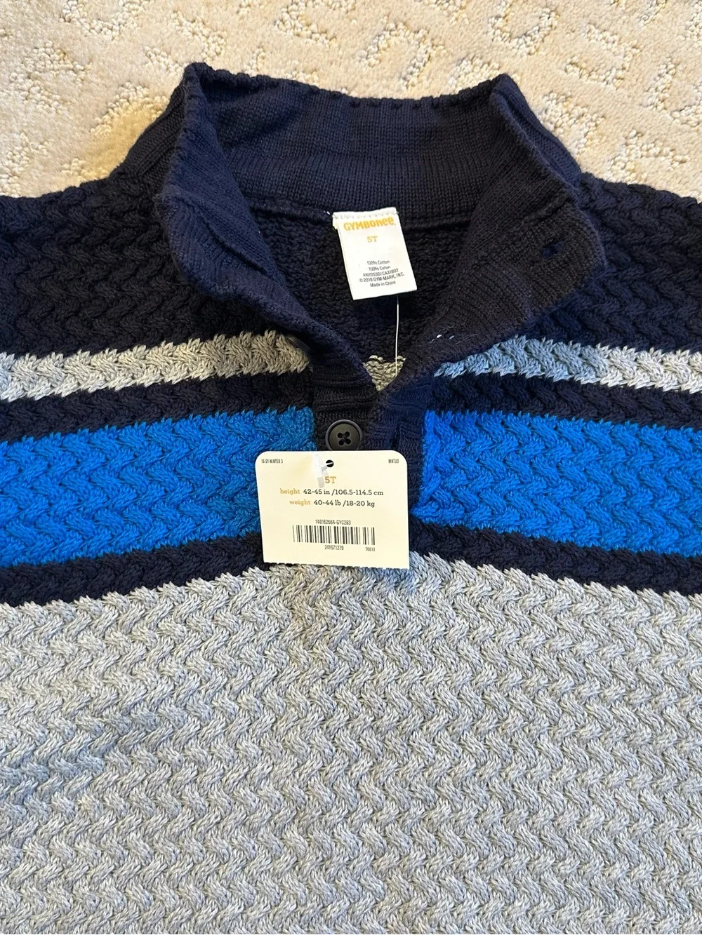 Gymboree Boys Mock Collar Sweater In Gray With Blue and Navy Stripe Size 5T